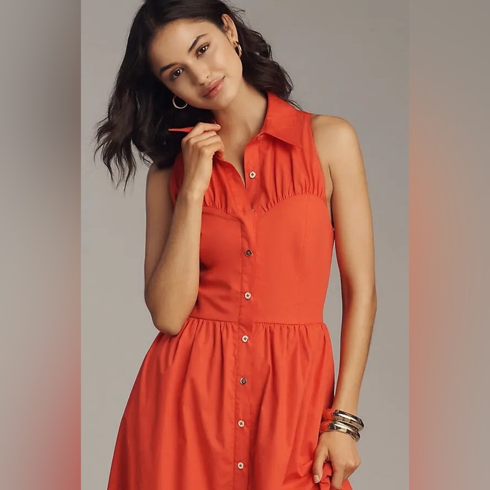 NEW Anthropologie Hutch Vivian Poplin Sleeveless Shirtdress In Poppy Red - Picture 2 of 11